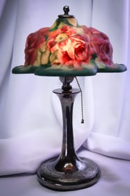 Pairpoint Puffy Boudoir Red Roses Reverse Painted Lamp