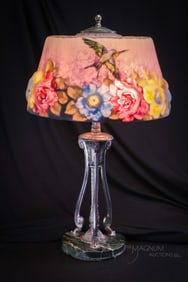 Pairpoint Puffy Reverse Painted Hummingbird & Roses Reverse Painted 23" Antique Table Lamp