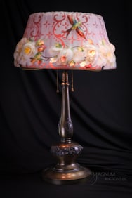 Pairpoint Puffy Reverse Painted Hummingbird & Roses 23" Antique Table Lamp