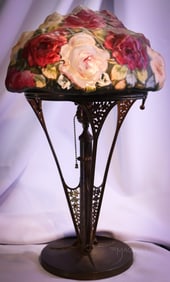 Pairpoint Puffy Rose Bouquet Reverse Painted 21" Antique Table Lamp
