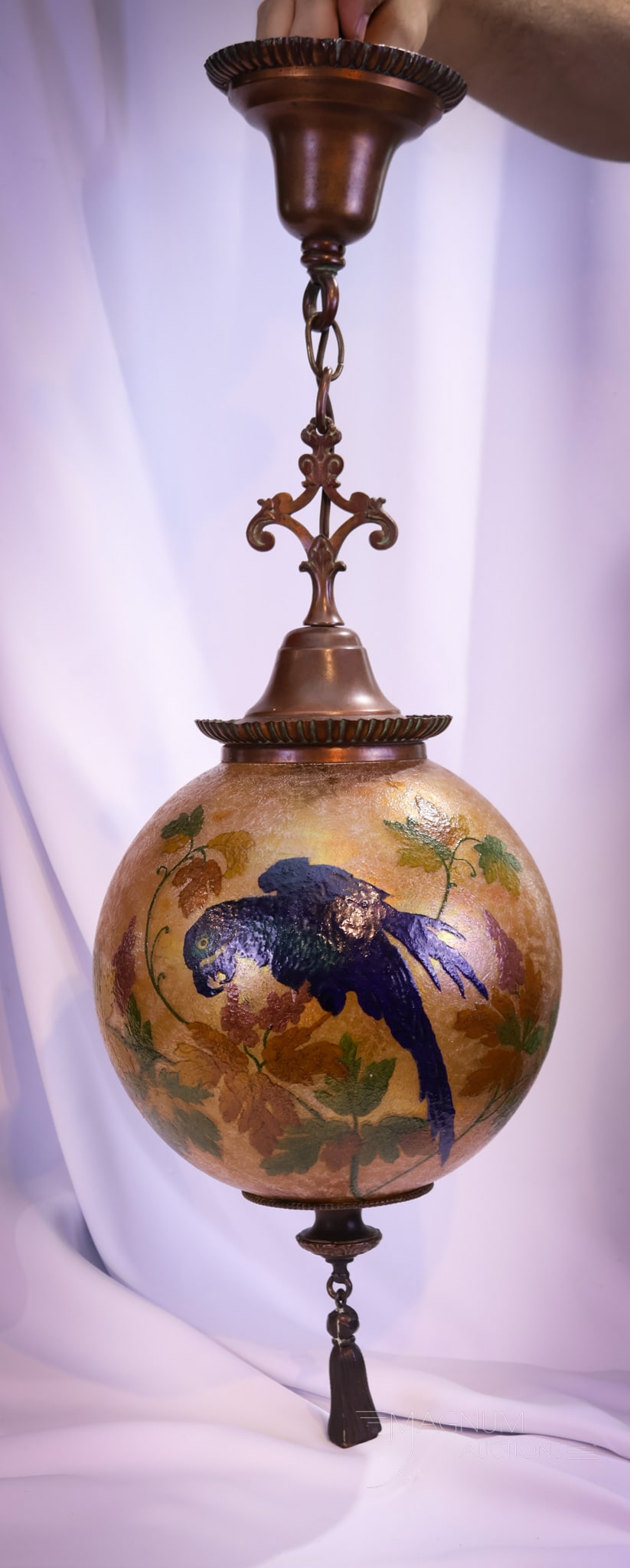 Signed Handel #6996 Hyacinth Macaw Obverse Painted hanging Chandelier Pendant Lamp (1 of 15)