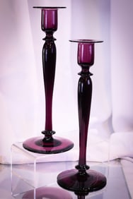 Pair Steuben Amethyst 12" Art Glass Candlesticks