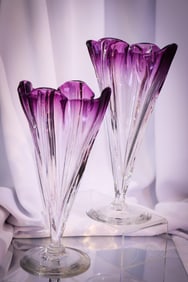 Pair Steuben Grotesque Amethyst Clear Art Glass 11" Vases