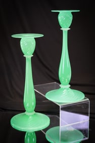 Pair Steuben Jade Green Swirl 10" Uranium Candlesticks