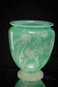 Steuben Jade Green & Alabaster Acid Cutback Birds Vase