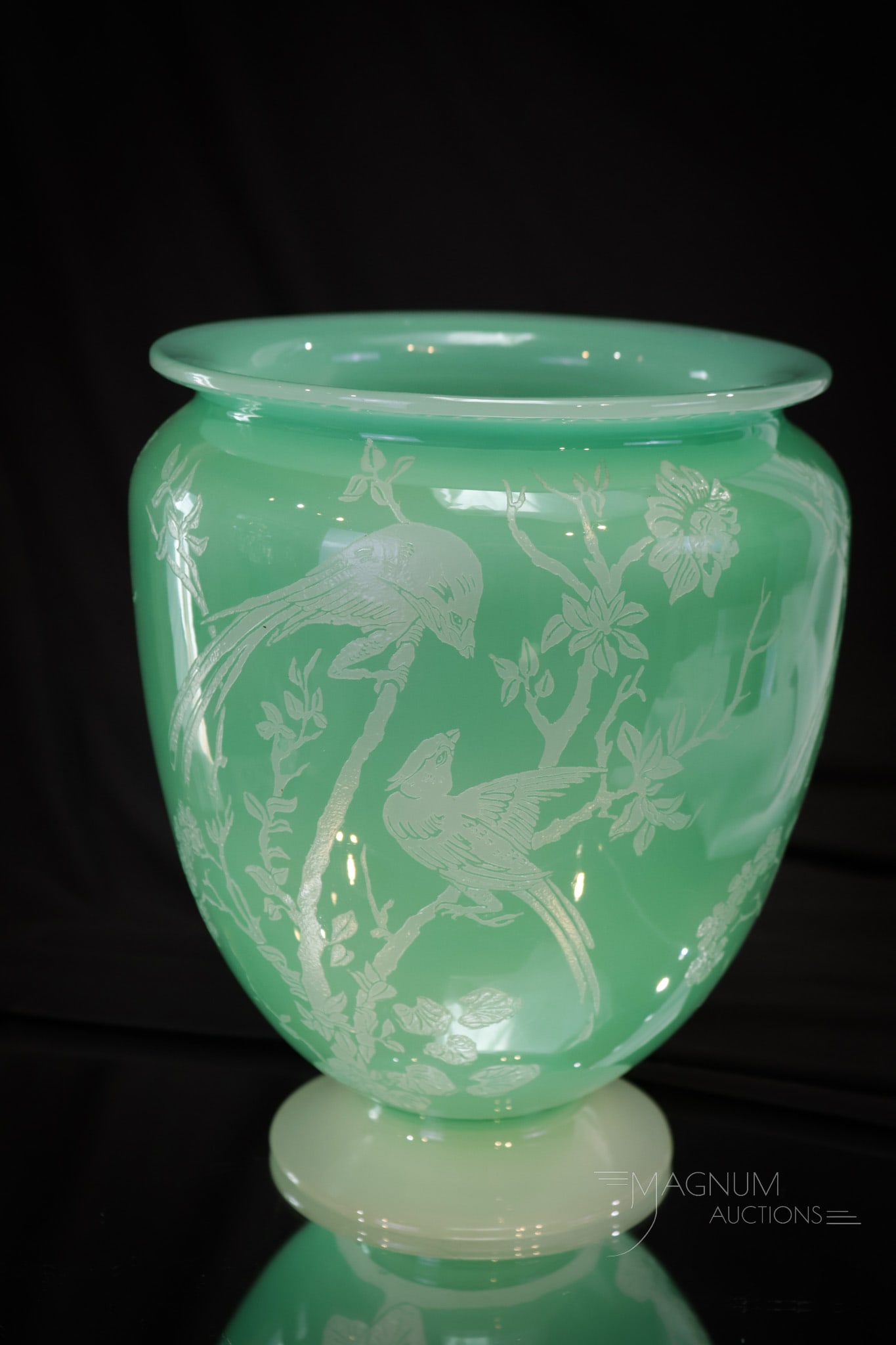 Steuben Jade Green & Alabaster Acid Cutback Birds Vase (1 of 5)
