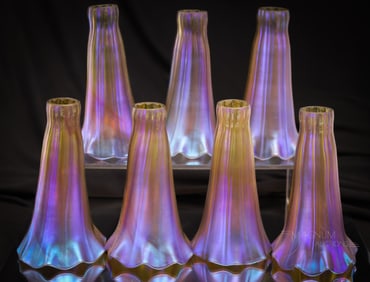 7 pc Lot Vivid Iridescent Art Glass Tiffany Lily Shades