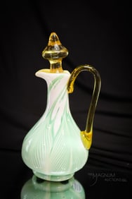 Very Rare Quezal Green Pulled Feather Art Glass Cruet