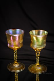 Pair Tiffany Gold Favrile Cut Stem Art Glass Wine Cordials