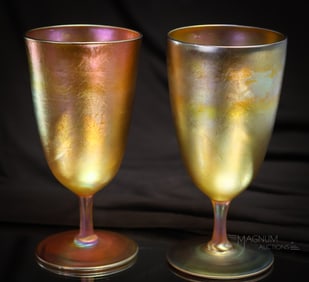 Pair Tiffany Gold Favrile signed, "LCT" Art Glass Goblets