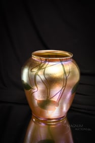 Tiffany Studios Gold Favrile Heart & Vine Art Glass Vase