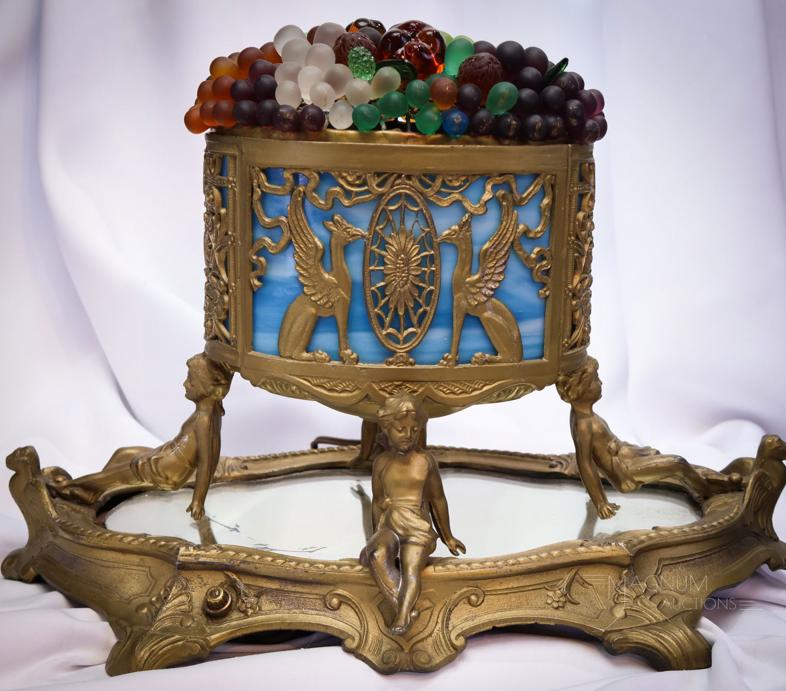 Monumental 17" Czech Glass Slag & Fruit Lamp on Mirrored Plateau (1 of 9)
