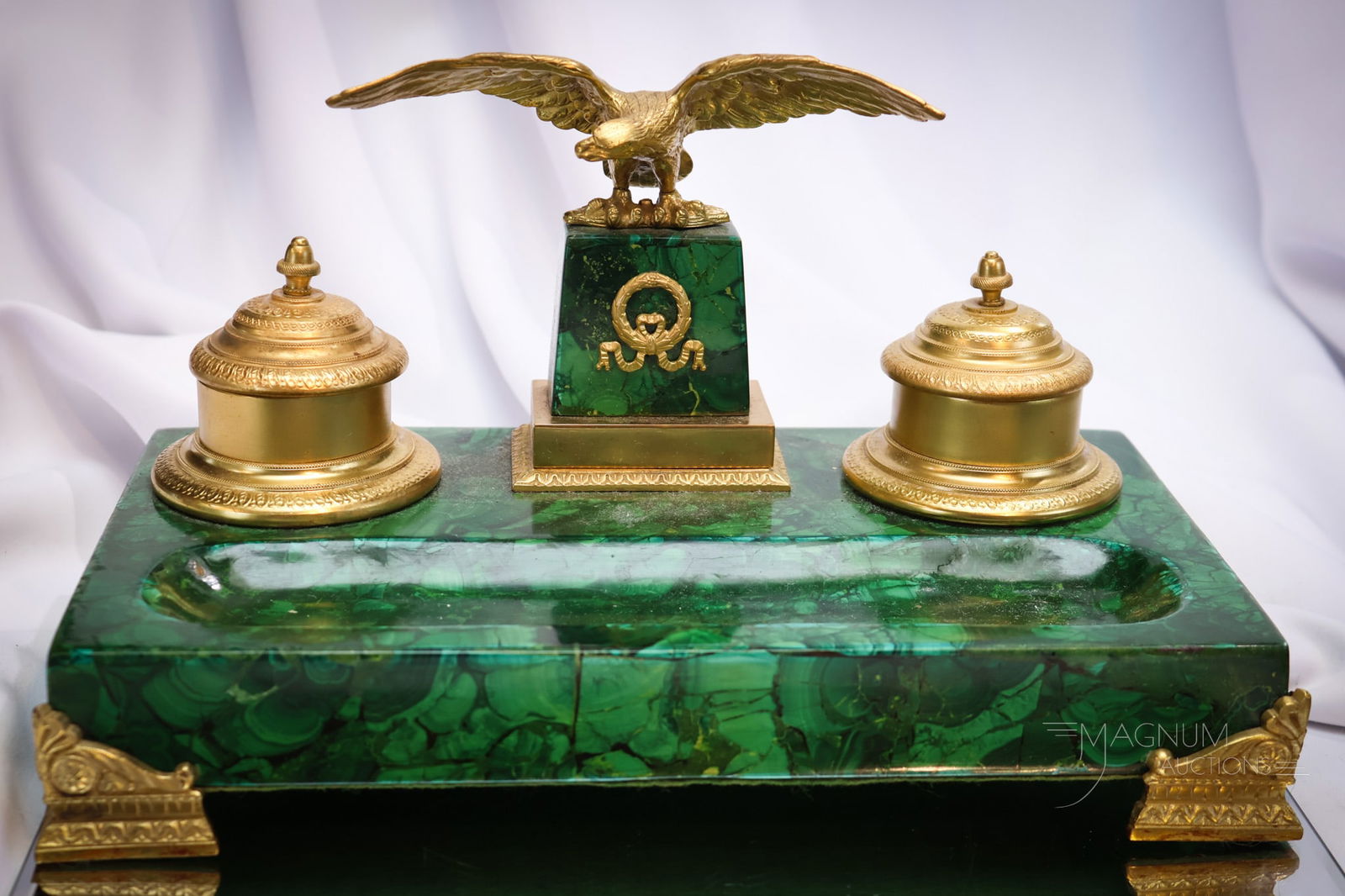 Empire Style Gilt Malachite Double Inkwell Desk Set (1 of 7)