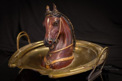 Large Cold Painted Bronze Horse Head on Horseshoe Inkwell Desk Set
