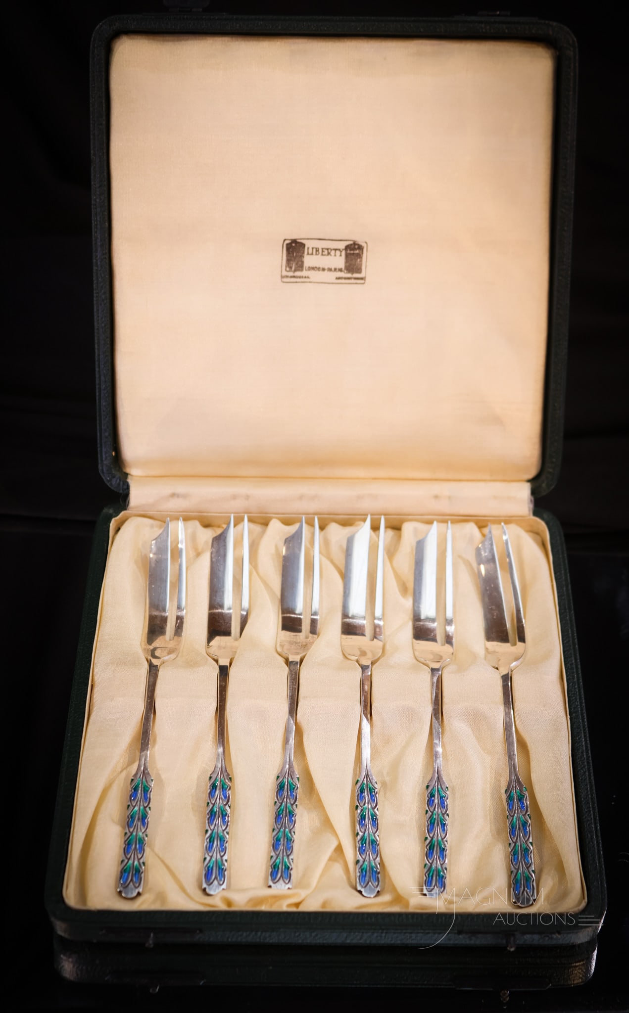 6 pc Set Liberty Sterling Silver Enameled Peacock Pastry Forks in Case (1 of 8)