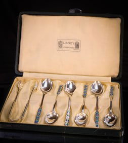 7 pc Liberty Sterling Silver Enameled Peacock Spoons & Tongs in Case