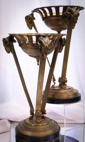Pair Bronze Rams Head Art Deco Style Marble Mantle Stands