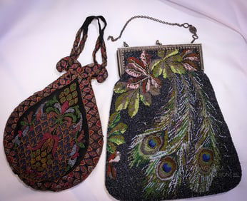 2 pc Lot Antique Glass Beaded Purses "Made in France"