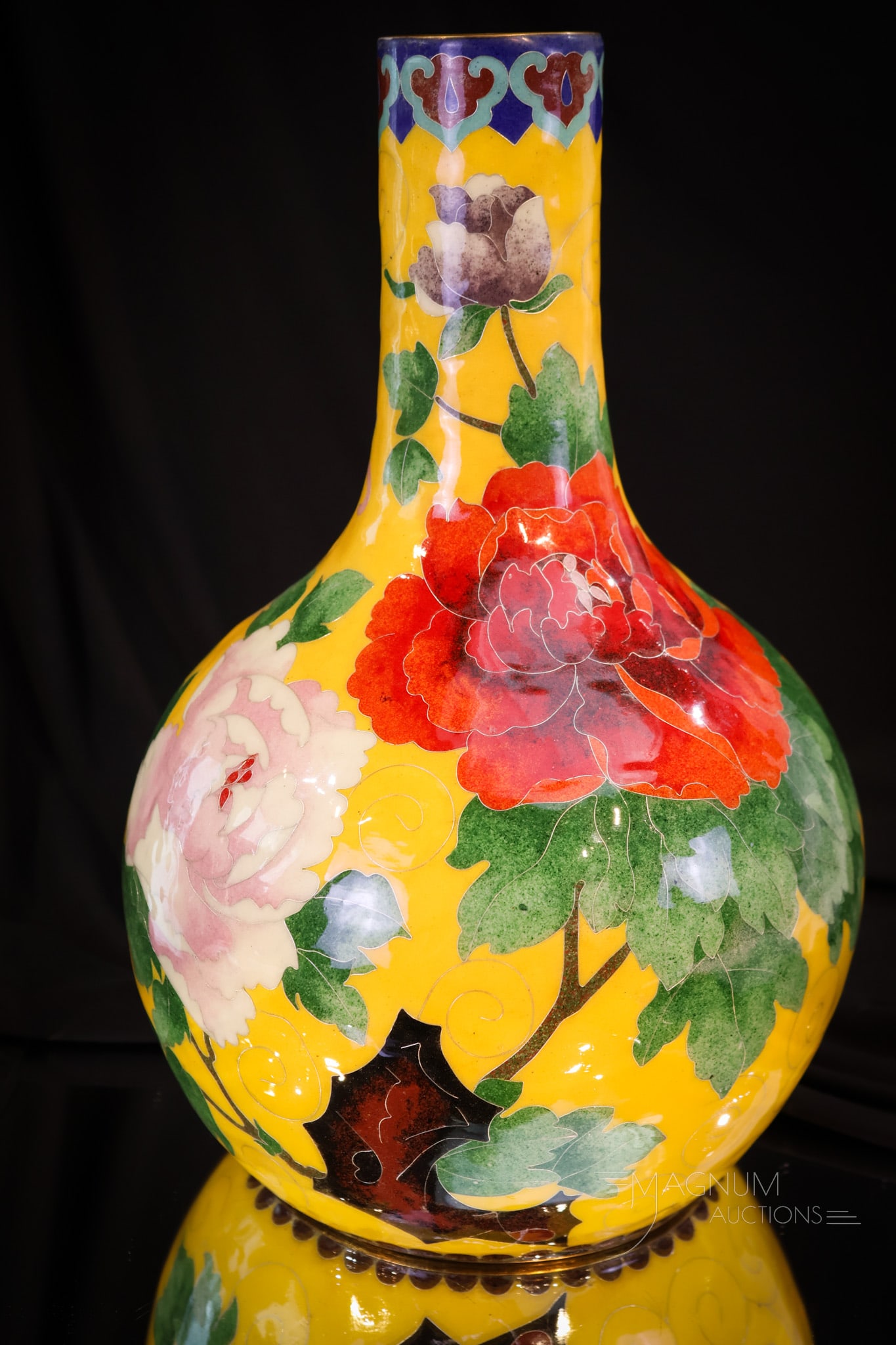 Scarce 13" Cloisonne on Porcelain Mandarin Yellow Jumbo Peony Vase: A scarce find is this 13" tall jumbo-sized Cloissone on porcelain vase. This vase features Mandarin yellow ground and colorful peony flowers around the body. A gorgeous find.