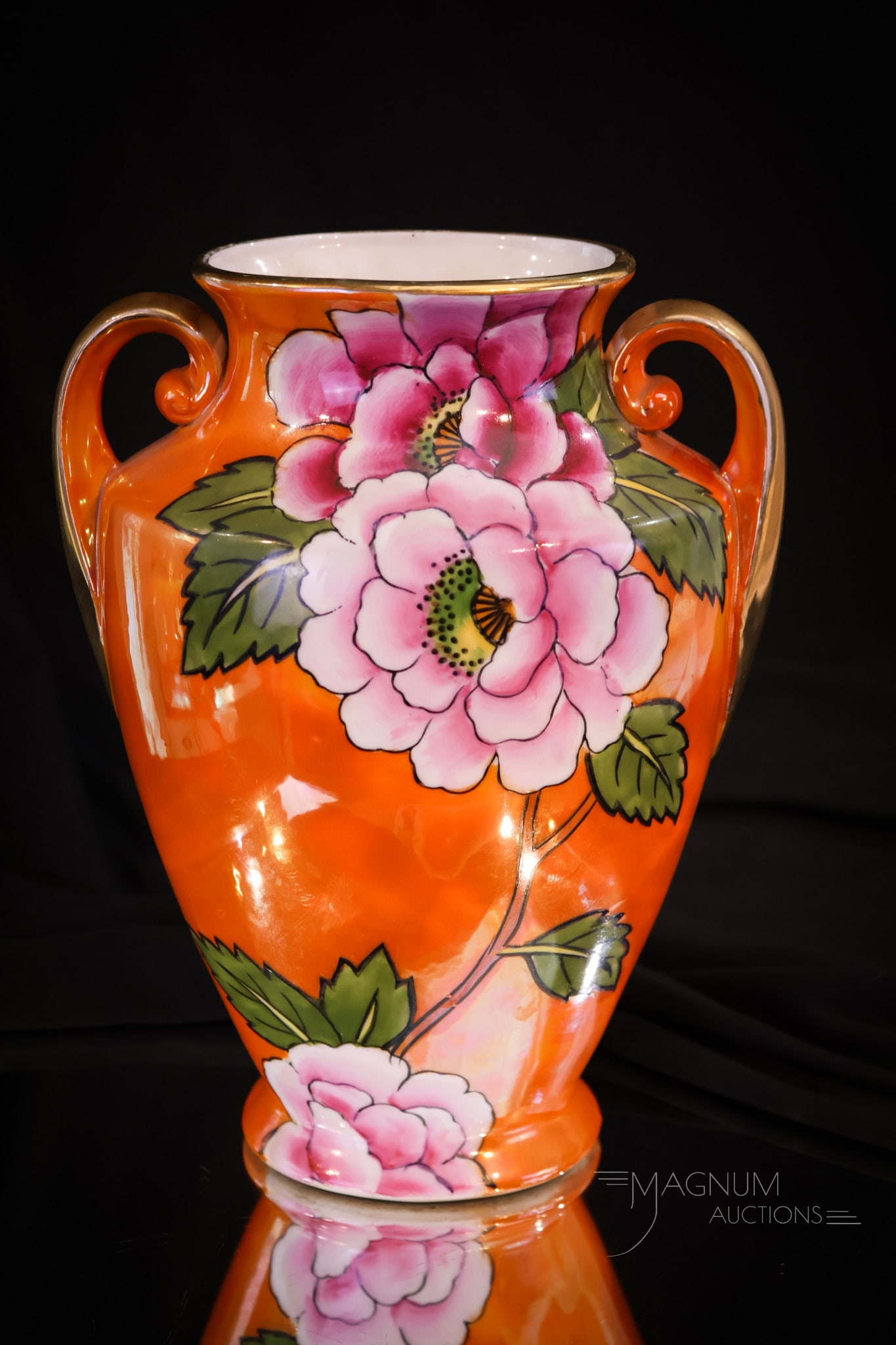 Japanese Noritake Export Lustreware Line Art Deco Porcelain Camelia 9" Vase: A super-fine Japanese Noritake Export Lustreware porcelain Art Deco period 9" tall vase. This beauty is decorated with camelia flowers and foliage. Brilliant orange coloring.