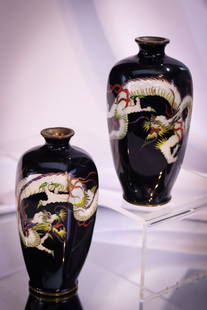 Pair Japanese Cloisonne Meiji Period Late 19th Century Dragon Motif 5" Opposing Vases: Here's a pair of late 19th or early 20th century Japanese Meiji period 5" Cloisonne vases. Each vase features a dragon and when paired together are opposing decorations. Very fine examples.
