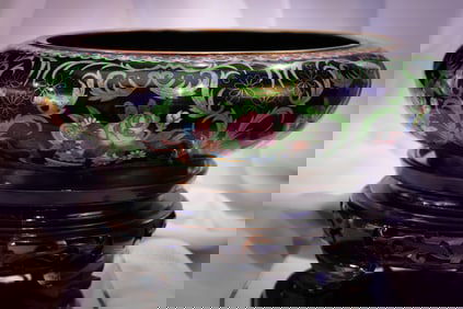 Chinese Cloisonne 15 1/2" Bowl Roses Bowl & Stand