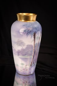 H & Co. France Pickard "Marker" Decorated Scenic Vellum 9 3/4" Vase