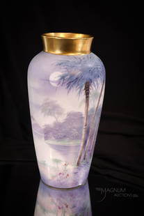 H & Co. France Pickard "Marker" Decorated Scenic Vellum 9 3/4" Vase: H. and Co. France, hand-painted porcelain Pickard vase with scenic vellum decoration. Vase features "Florida moonlight" design with a gold band. Piece is artist signed, "Marker." Vase measures 9 3/4"
