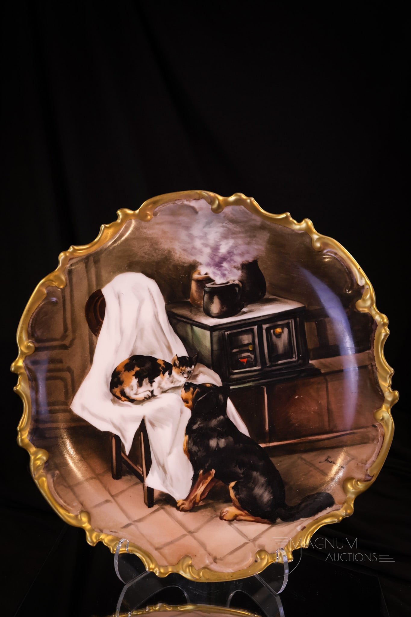 Limoges Hand Painted Porcelain "Dog Eyeing Calico Cat" signed Rococo 13 1/4" Charger (1 of 8)