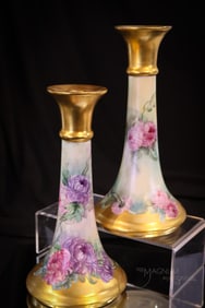 Pair Hand Painted Porcelain Chrysanthemum 9 3/4" Candlesticks