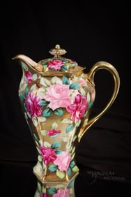 Marked Nippon Red & Pink Roses & Gold Chocolate Pot