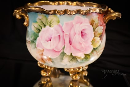 Divine French Hand Painted Porcelain Roses Double handle Footed Vase