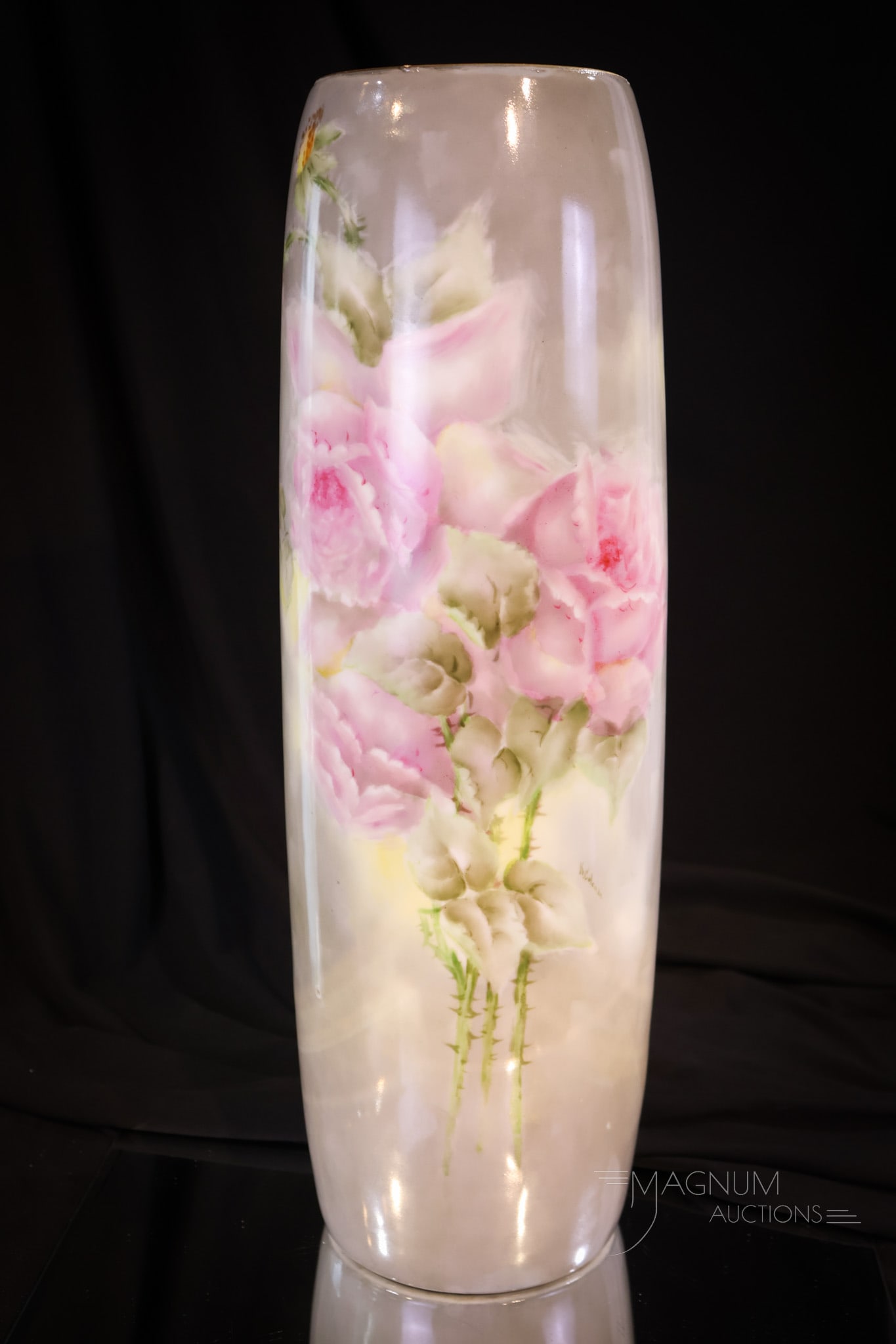 Limoges Hand Painted Porcelain Roses 16" Cylinder Vase: A wonderful and stately 16" tall hand-painted porcelain cylinder vase. This super example is hand-painted with pastel roses and colors that will make you swoon. The size alone will do that.