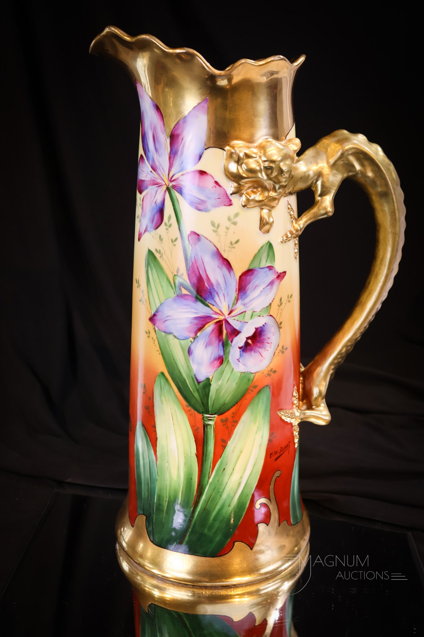 JPL France Artsist Signed Dragon Handle Lily 14 1/2" Tankard Pitcher: This is a phenomenal find in an artist-signed dragon handle tankard. This piece measures a tall 14 1/2". It is decorated with lily flowers. So lovely.