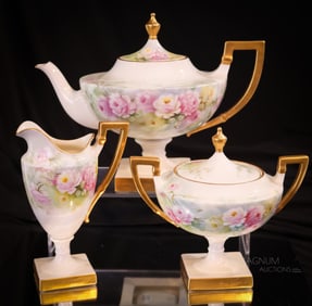 Lenox Belleek 3 pc Pedestal Hand Painted Porcelain Roses Tea Set