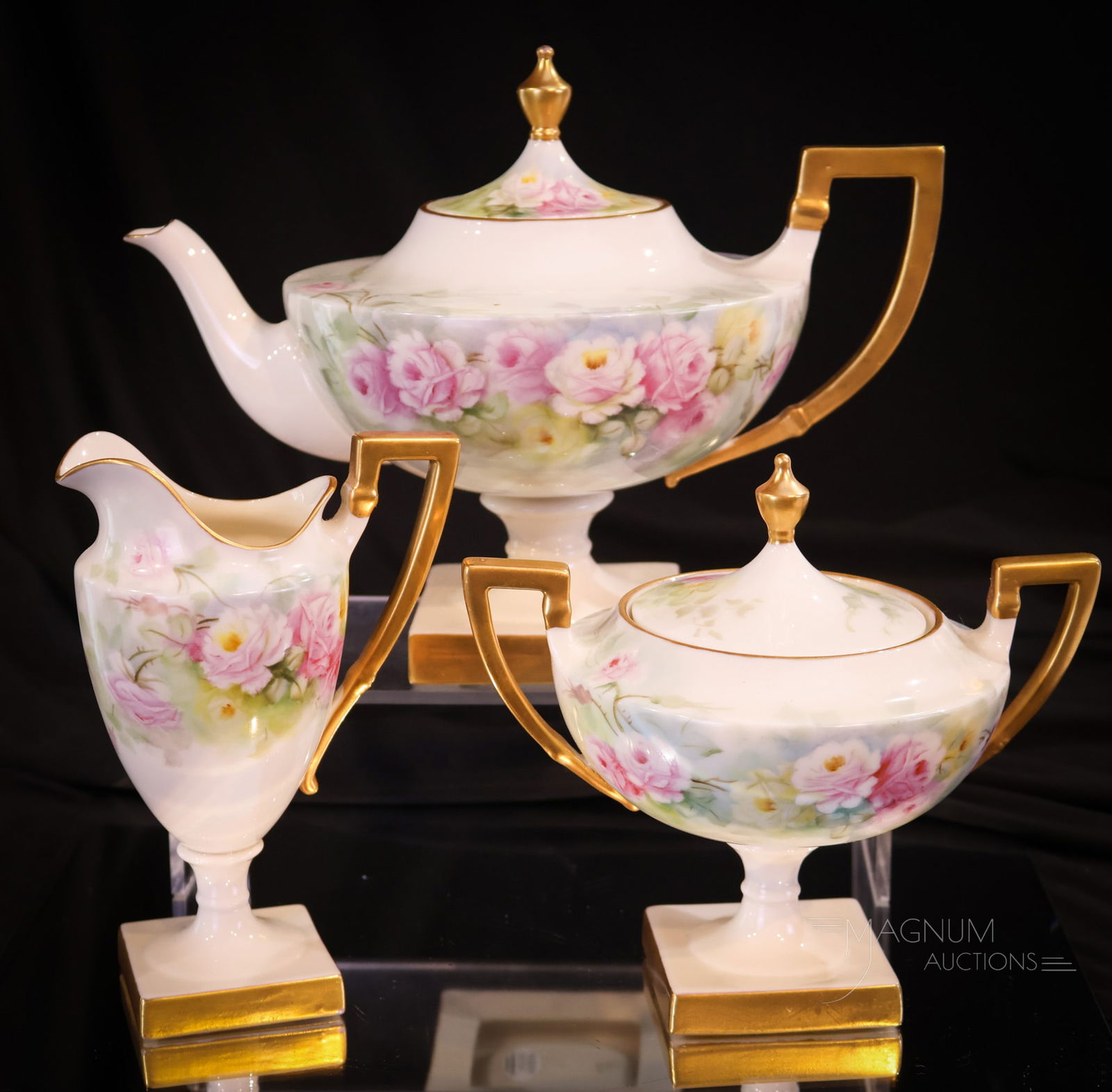 Lenox Belleek 3 pc Pedestal Hand Painted Porcelain Roses Tea Set (1 of 14)