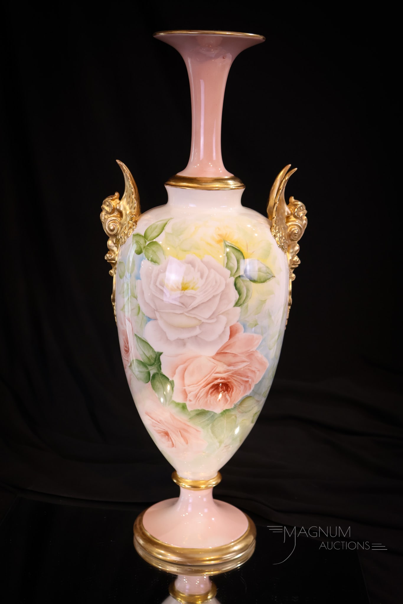 Rare Form Willets Belleek Hand-Painted Porcelain Roses 14" Winged Pedestal Vase. (1 of 12)
