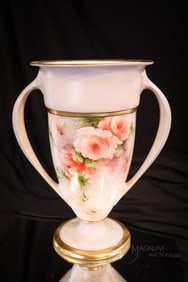 Lenox Belleek Double Handle Hand Painted Porcelain Roses 11 3/4" Vase