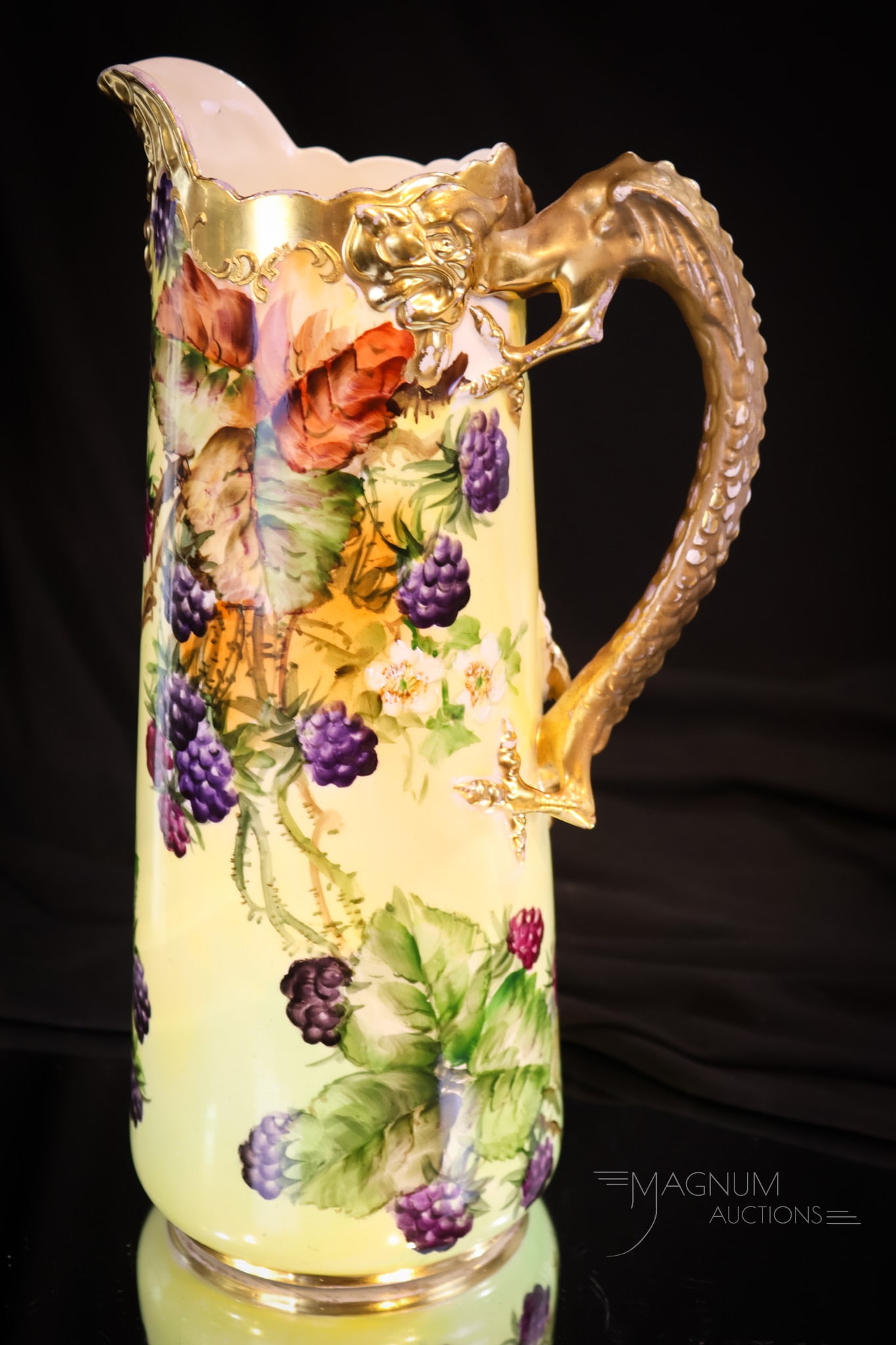 Willets Belleek hand Paintedc Porcelain Blackberry Dragon Handle 11 1/4 Tankard (1 of 7)