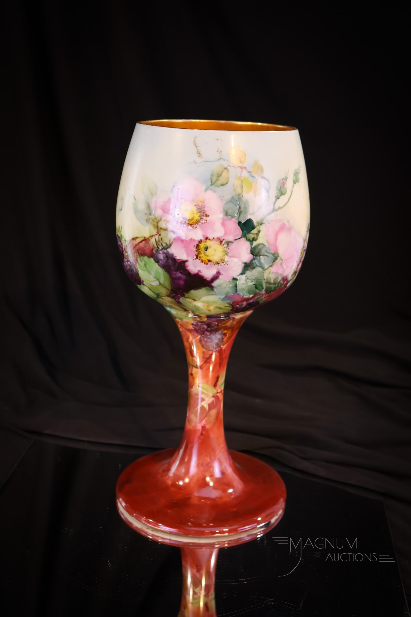Willets Belleek 11" Wild Roses and Blackberries Chalice: Take note of the gorgeous decoration on this Willets Belleek hand-painted porcelain chalice. This super piece measures 11" tall. A must-have piece for any collection.