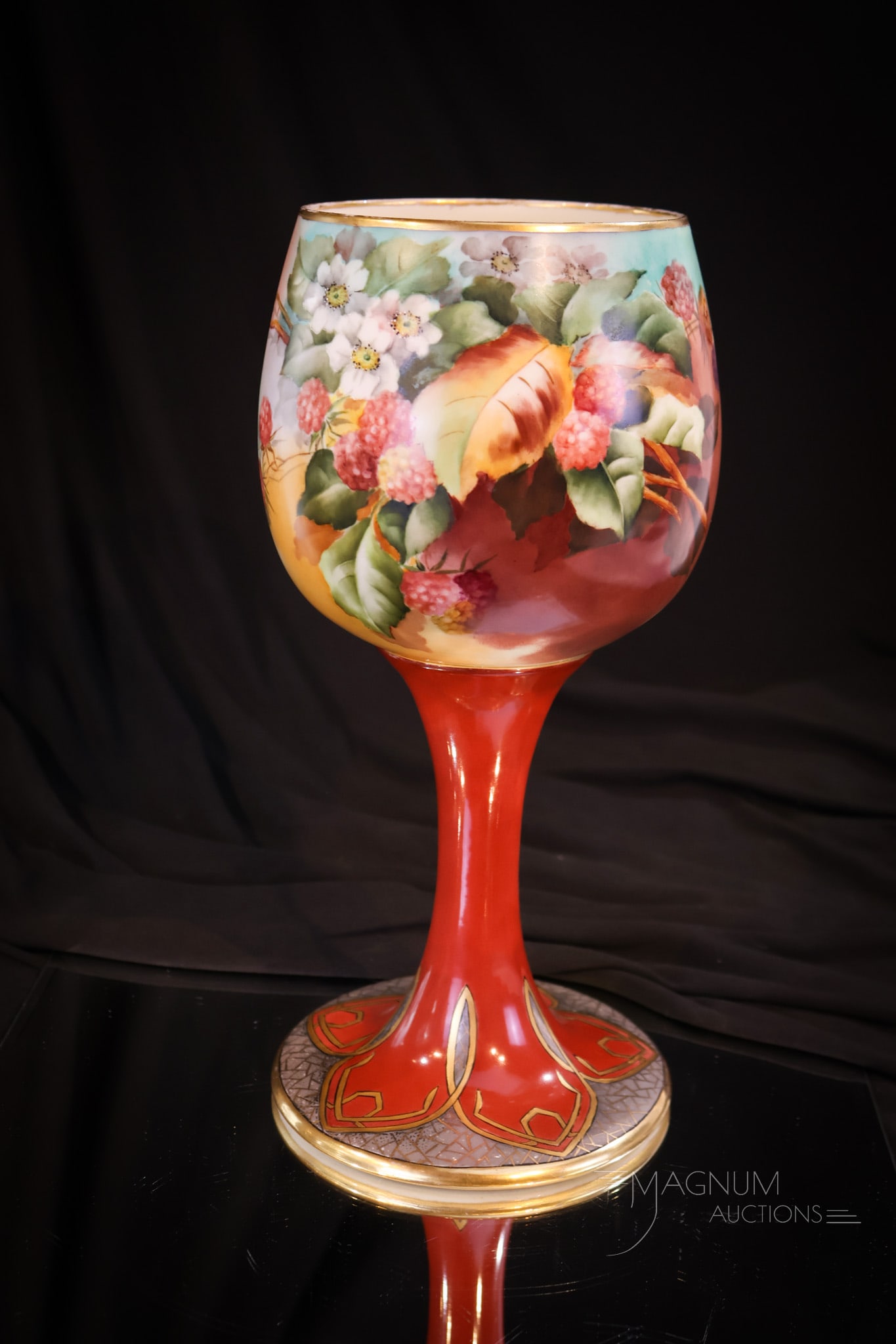 Willets Belleek Flowers and Rasberries Hand Painted Porcelain Chalice: Another super example of a hand-painted chalice in our lineup of porcelain. This one is decorated with raspberries and flowers. A choice example not to be missed. The chalice measures 11 1/4" tall.