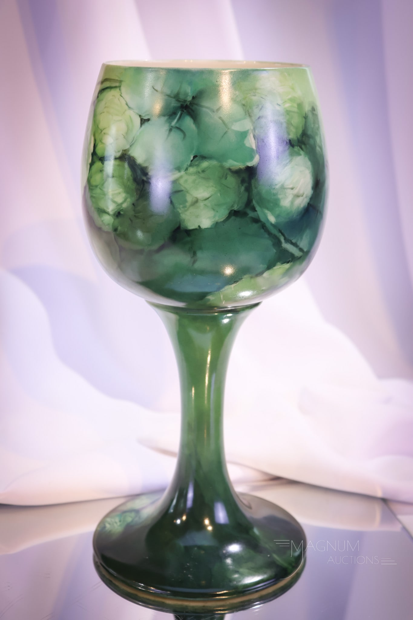 Willets Belleek Hand Painted Porcelain 11 1/2" Chalice: A great find is this hand-painted porcelain Willets Belleek chalice in a variety of shades of green with florals. This piece measures 11 1/2" tall to the rim.