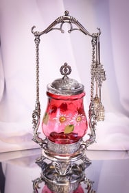 Tufts Silverplate Cranberry Enameled Victorian Pickle Castor