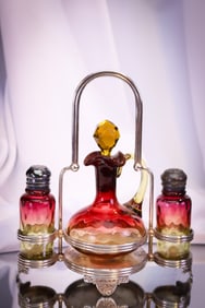 Pairpoint Silverplate Mt. Washington Amberina Victorian Glass Cruet Castor Shaker Set