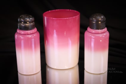 3 pc Lot New England Peachblow Victorian Glass Shakers & Tumbler