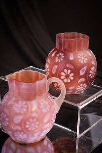 Rare Findlay Floradine Victorian Cranberry Opalescent Glass Creamer & Spooner: Two rare finds in this offering of Findlay Floradine glass in cranberry opalescent satin Victorian glass. We have paired a spooner with a cream pitcher. Each with well-matched coloring. Tallest of the