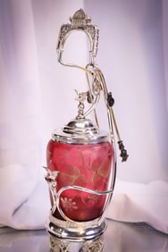 Barbour Silverplate 13 3/4" Victorian Cranberry Florentine Cameo Glass Pickle Castor