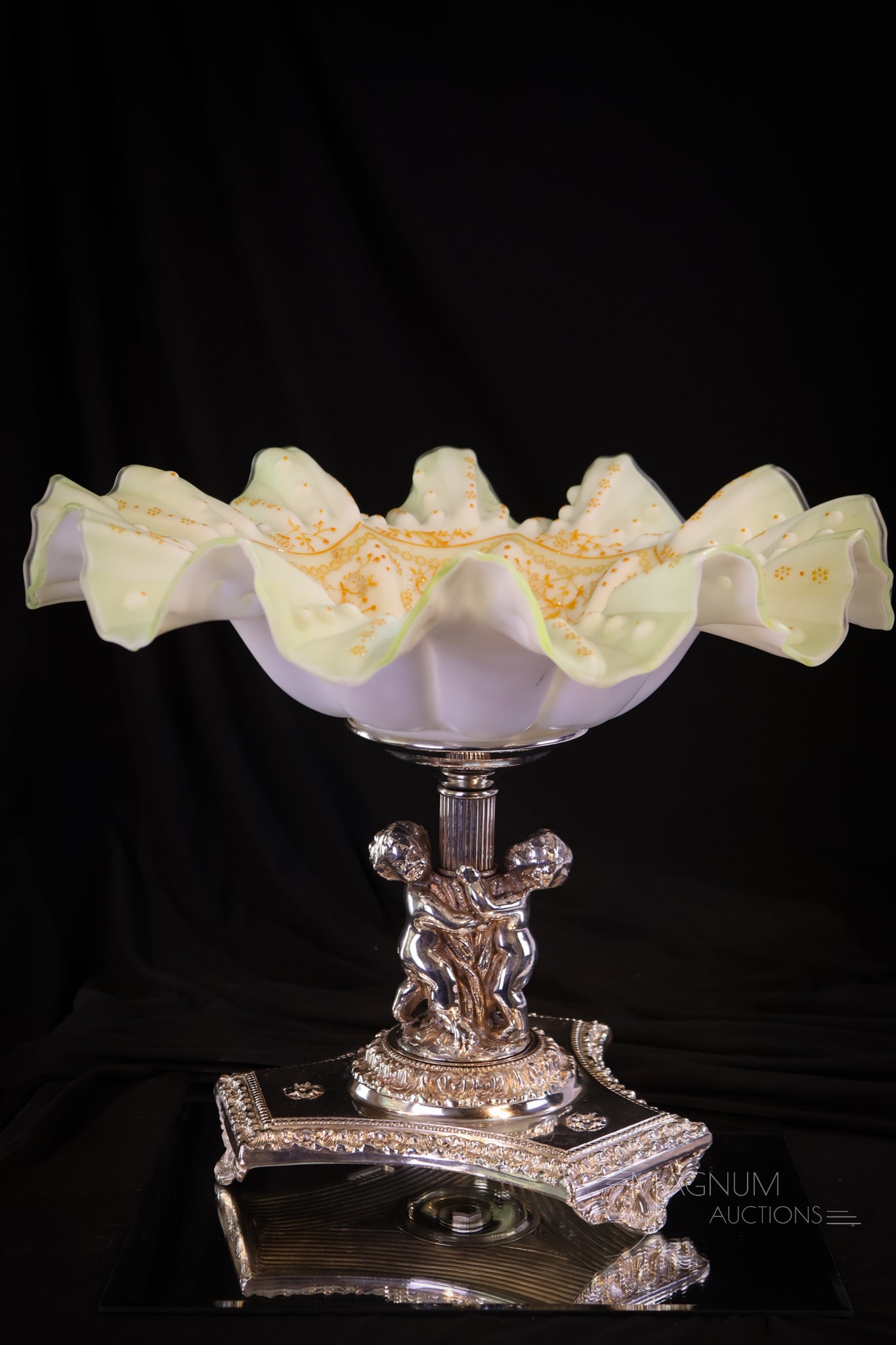 Monumental 15" Victorian Uranium Enameled English Silverplate Cherub Brides Bowl (1 of 12)