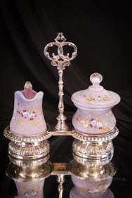 Victorian Lavender Satin Enameled Glass & Silverplate Breakfast Set