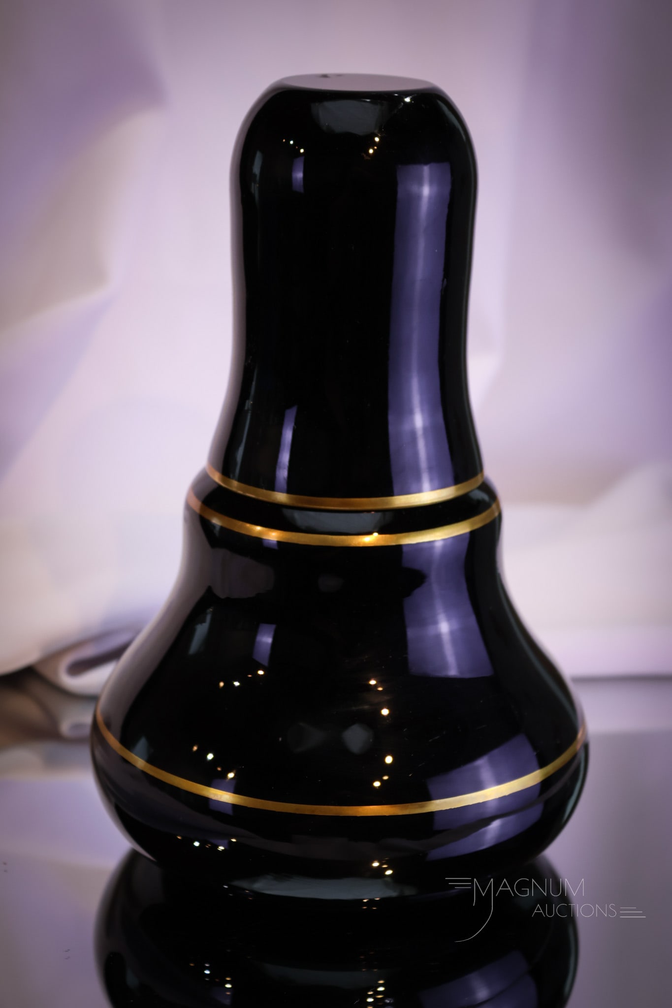 Mirror Black Gilt Decorated Art Deco Antique Glass Tumble-Up Night Set: A gorgeous tumble-up night set in mirror black glass with gilt decoration. This piece is classic Art Deco. What a lovely offering and in wonderful condition. This tumble-up measures about 9 1/4" tall